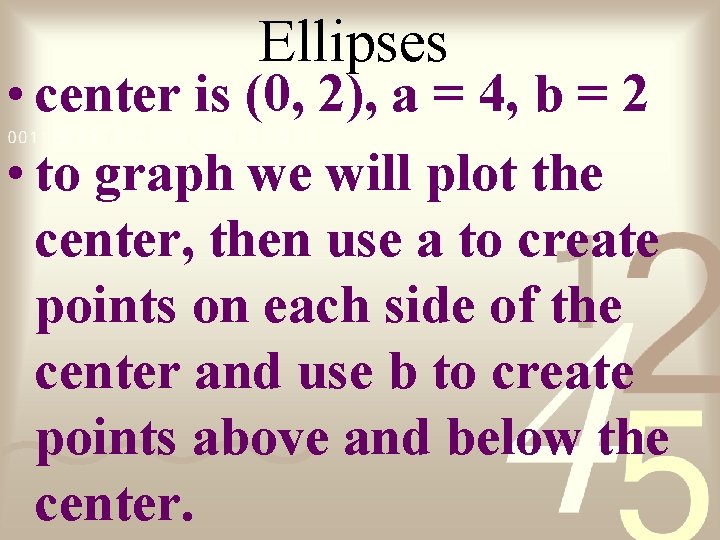 Ellipses • center is (0, 2), a = 4, b = 2 • to