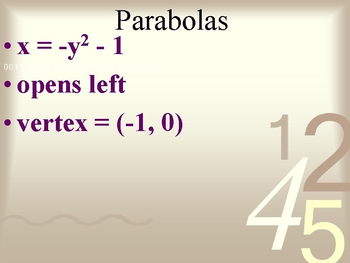 Parabolas • x = -1 • opens left • vertex = (-1, 0) 2