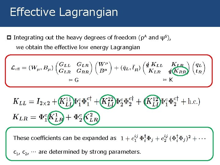 Effective Lagrangian p Integrating out the heavy degrees of freedom (ρA and ψ6), we