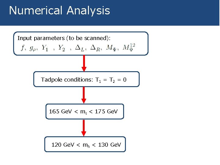 Numerical Analysis Input parameters (to be scanned): Tadpole conditions: T 1 = T 2