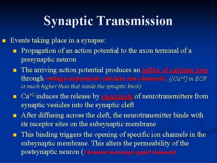 Synaptic Transmission n Events taking place in a synapse: n Propagation of an action