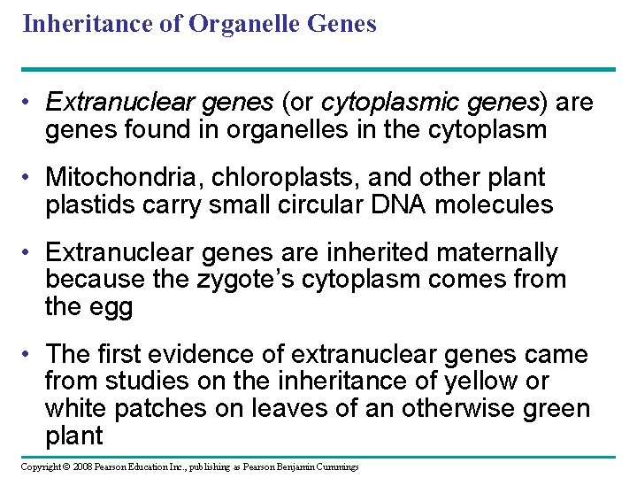Inheritance of Organelle Genes • Extranuclear genes (or cytoplasmic genes) are genes found in