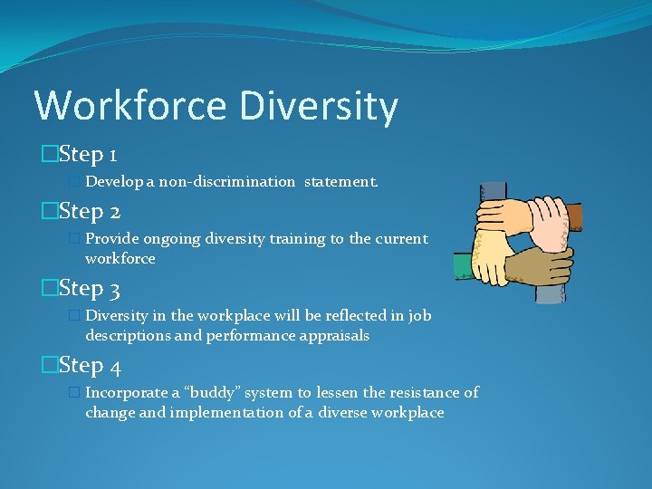 Workforce Diversity �Step 1 � Develop a non-discrimination statement. �Step 2 � Provide ongoing
