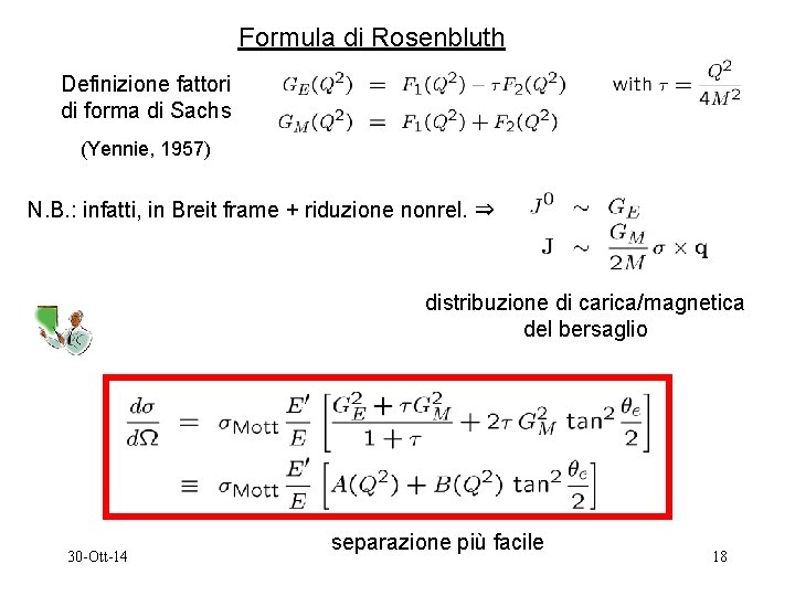 Formula di Rosenbluth Definizione fattori di forma di Sachs (Yennie, 1957) N. B. :