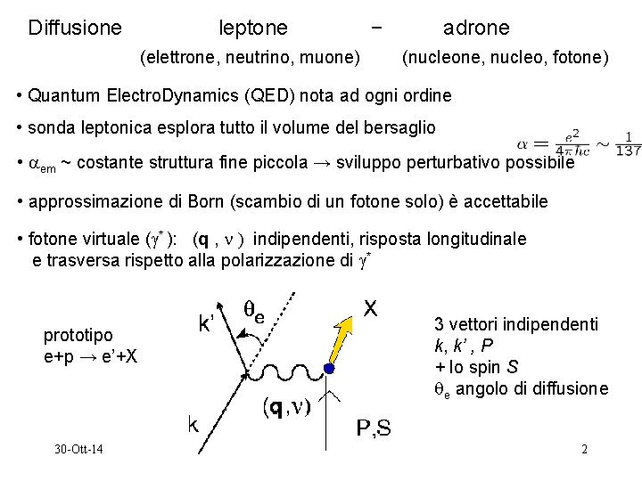 Diffusione leptone (elettrone, neutrino, muone) − adrone (nucleone, nucleo, fotone) • Quantum Electro. Dynamics