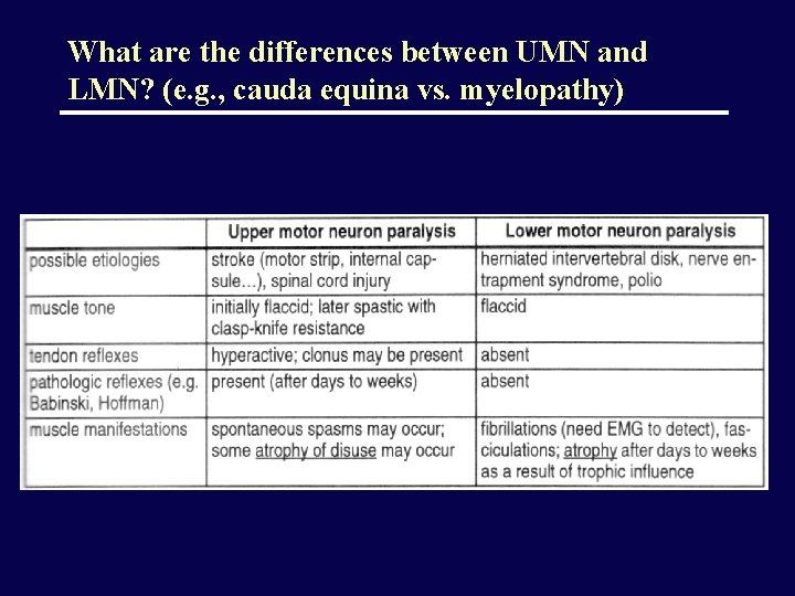 What are the differences between UMN and LMN? (e. g. , cauda equina vs.