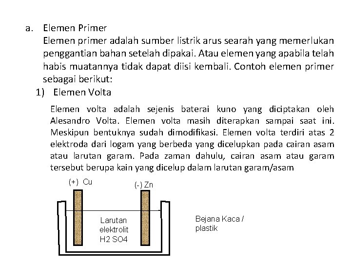 a. Elemen Primer Elemen primer adalah sumber listrik arus searah yang memerlukan penggantian bahan