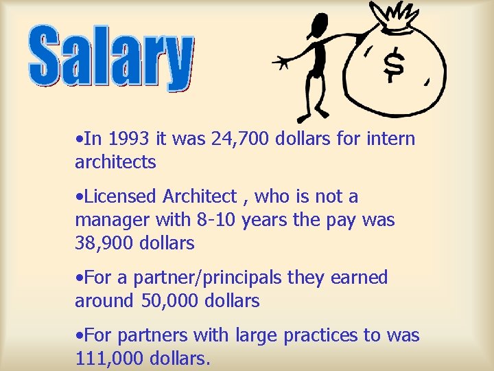  • In 1993 it was 24, 700 dollars for intern architects • Licensed