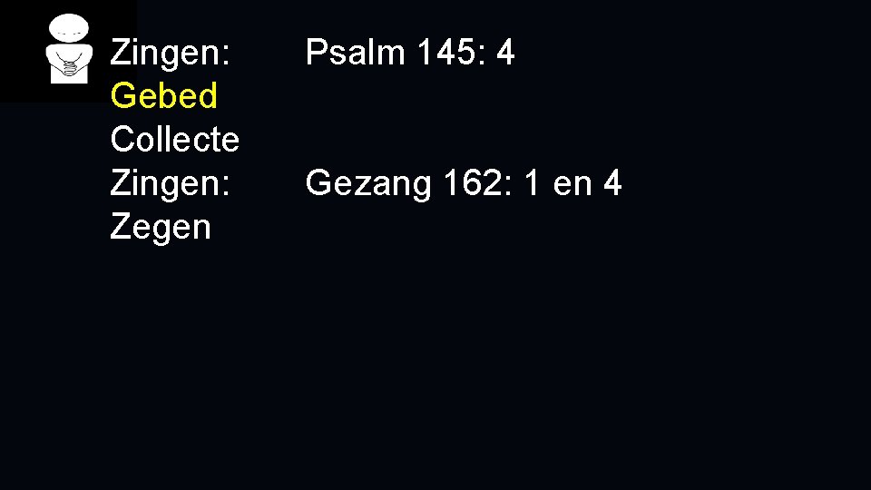 Zingen: Gebed Collecte Zingen: Zegen Psalm 145: 4 Gezang 162: 1 en 4 