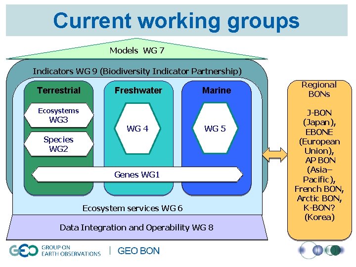Current working groups Models WG 7 Indicators WG 9 (Biodiversity Indicator Partnership) Terrestrial Freshwater