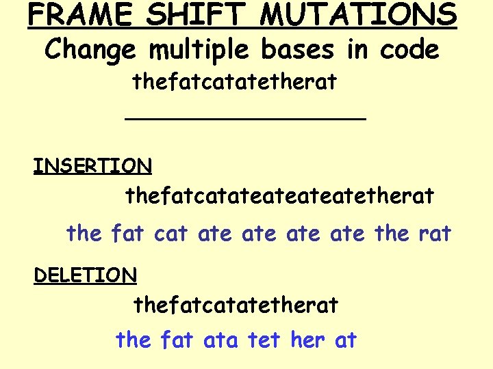 FRAME SHIFT MUTATIONS Change multiple bases in code thefatcatatetherat __________ INSERTION thefatcatateatetherat the fat