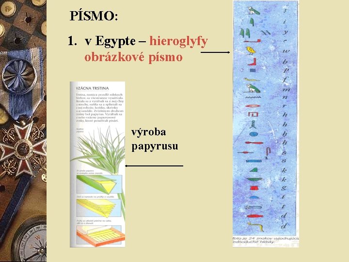 PÍSMO: 1. v Egypte – hieroglyfy obrázkové písmo výroba papyrusu 