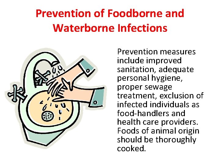 Prevention of Foodborne and Waterborne Infections Prevention measures include improved sanitation, adequate personal hygiene,