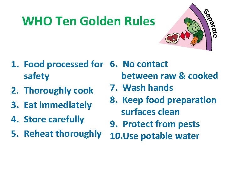 WHO Ten Golden Rules 1. Food processed for safety 2. Thoroughly cook 3. Eat