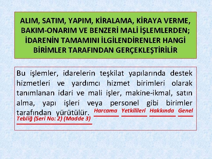 ALIM, SATIM, YAPIM, KİRALAMA, KİRAYA VERME, BAKIM-ONARIM VE BENZERİ MALİ İŞLEMLERDEN; İDARENİN TAMAMINI İLGİLENDİRENLER