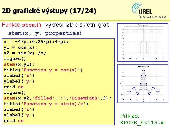 2 D grafické výstupy (17/24) Funkce stem() vykreslí 2 D diskrétní graf: stem(x, y,