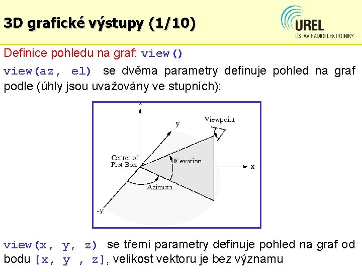 3 D grafické výstupy (1/10) Definice pohledu na graf: view() view(az, el) se dvěma