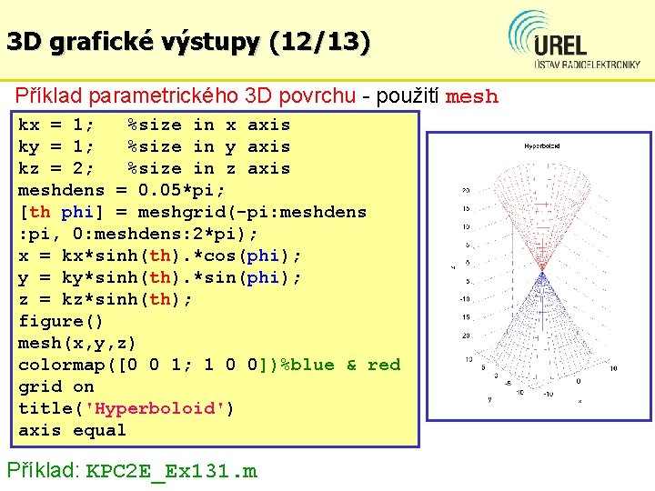 3 D grafické výstupy (12/13) Příklad parametrického 3 D povrchu - použití mesh kx