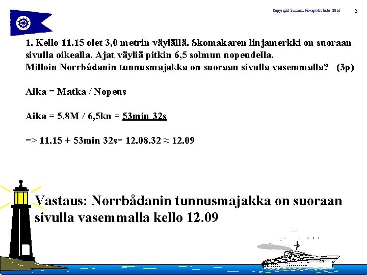 Copyright Suomen Navigaatioliitto, 2016 1. Kello 11. 15 olet 3, 0 metrin väylällä. Skomakaren