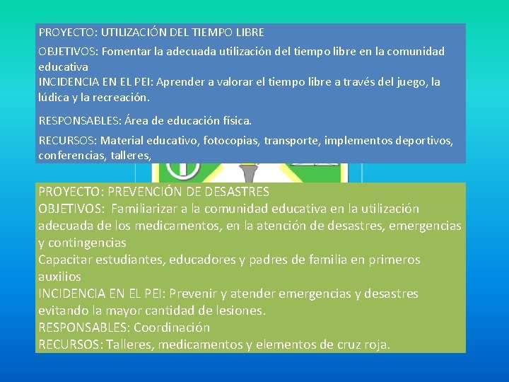 PROYECTO: UTILIZACIÓN DEL TIEMPO LIBRE OBJETIVOS: Fomentar la adecuada utilización del tiempo libre en