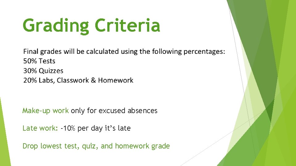 Grading Criteria Make-up work only for excused absences Late work: -10% per day it’s