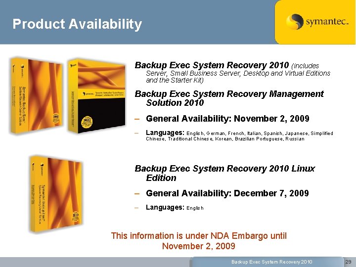 Product Availability Backup Exec System Recovery 2010 (includes Server, Small Business Server, Desktop and
