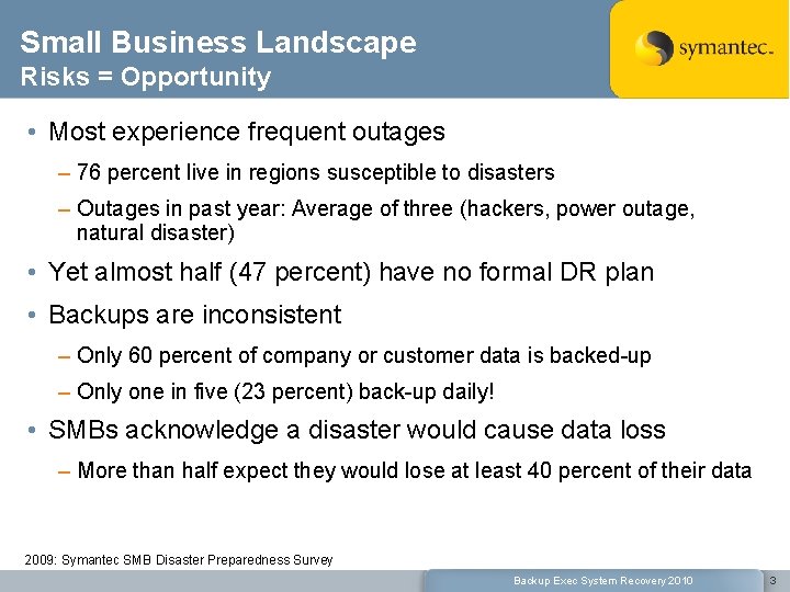 Small Business Landscape Risks = Opportunity • Most experience frequent outages – 76 percent