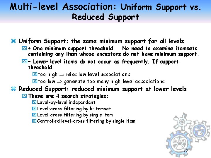 Multi-level Association: Uniform Support vs. Reduced Support z Uniform Support: the same minimum support