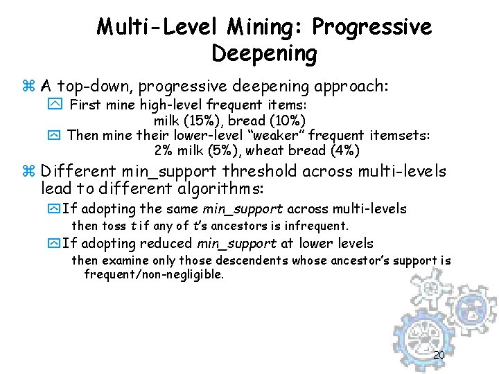 Multi-Level Mining: Progressive Deepening z A top-down, progressive deepening approach: y First mine high-level