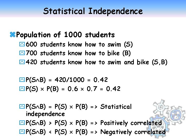 Statistical Independence z. Population of 1000 students y 600 students know how to swim