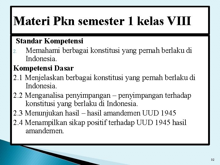 Materi Pkn semester 1 kelas VIII Standar Kompetensi 2. Memahami berbagai konstitusi yang pernah