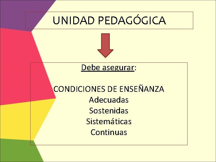 UNIDAD PEDAGÓGICA Debe asegurar: CONDICIONES DE ENSEÑANZA Adecuadas Sostenidas Sistemáticas Continuas 