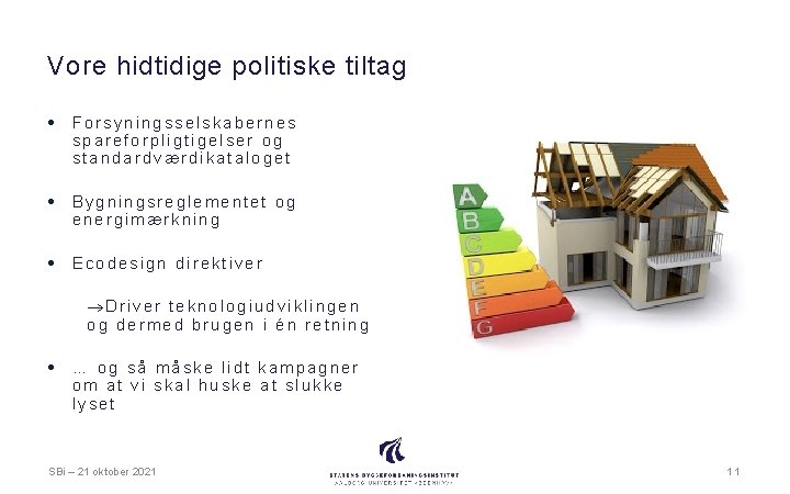 Vore hidtidige politiske tiltag • Forsyningsselskabernes spareforpligtigelser og standardværdikataloget • Bygningsreglementet og energimærkning •