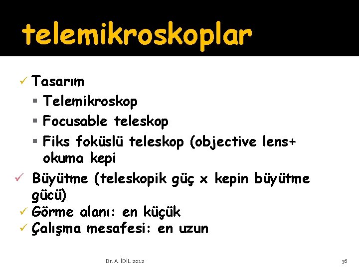 telemikroskoplar Tasarım § Telemikroskop § Focusable teleskop § Fiks foküslü teleskop (objective lens+ okuma