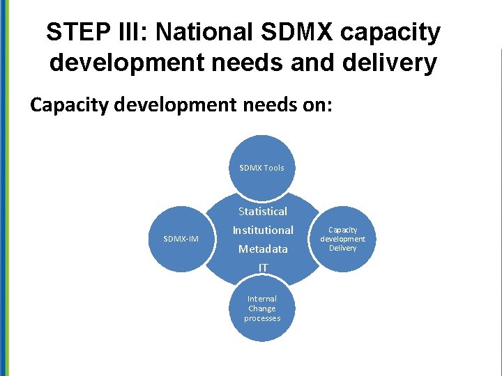 STEP III: National SDMX capacity development needs and delivery Capacity development needs on: SDMX