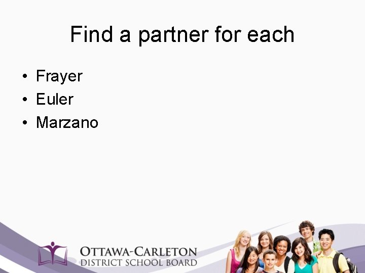 Find a partner for each • Frayer • Euler • Marzano 