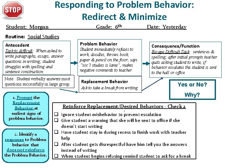 Responding to Problem Behavior: Redirect & Minimize Student: Morgan Grade: 6 th Date: Yesterday