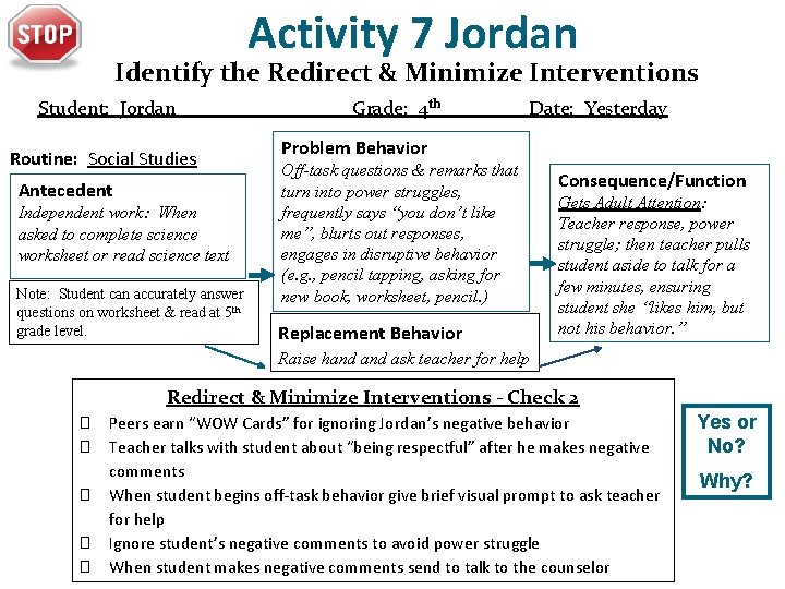 Activity 7 Jordan Identify the Redirect & Minimize Interventions Student: Jordan Routine: Social Studies