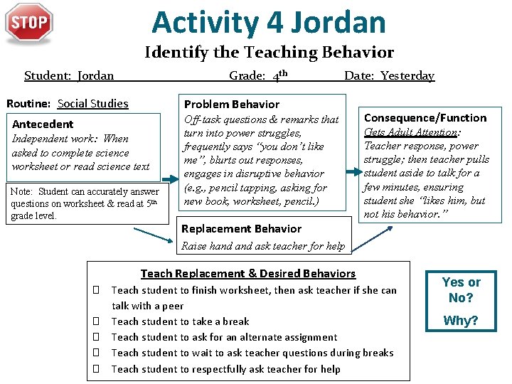 Activity 4 Jordan Identify the Teaching Behavior Student: Jordan Grade: 4 th Routine: Social