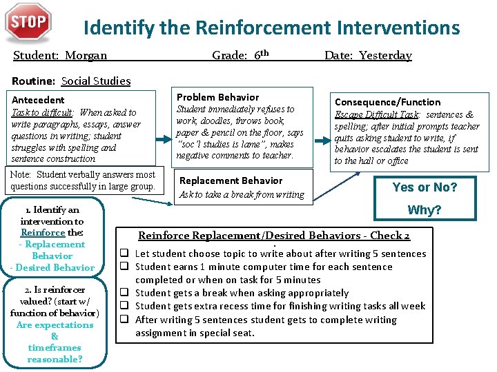 Identify the Reinforcement Interventions Student: Morgan Grade: 6 th Date: Yesterday Routine: Social Studies