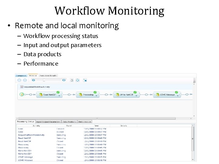 Workflow Monitoring • Remote and local monitoring – – Workflow processing status Input and