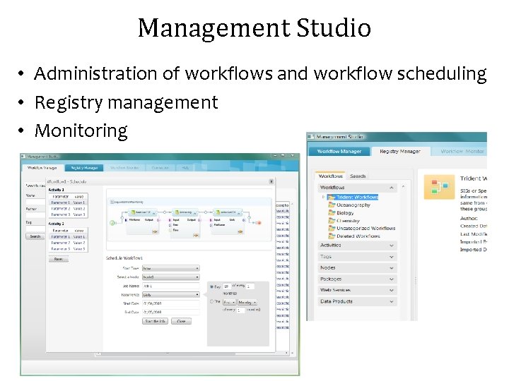 Management Studio • Administration of workflows and workflow scheduling • Registry management • Monitoring