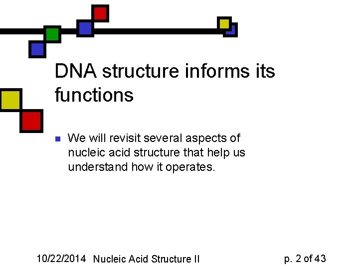 DNA structure informs its functions n We will revisit several aspects of nucleic acid