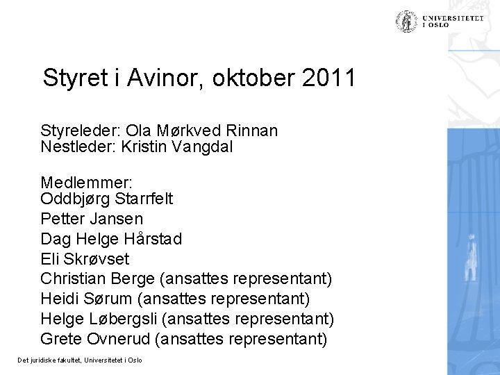 Styret i Avinor, oktober 2011 Styreleder: Ola Mørkved Rinnan Nestleder: Kristin Vangdal Medlemmer: Oddbjørg