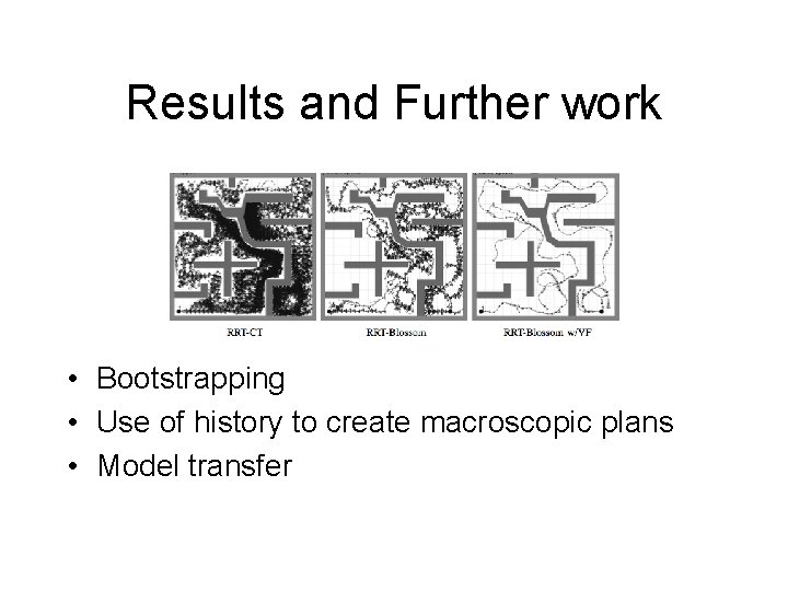 Results and Further work • Bootstrapping • Use of history to create macroscopic plans