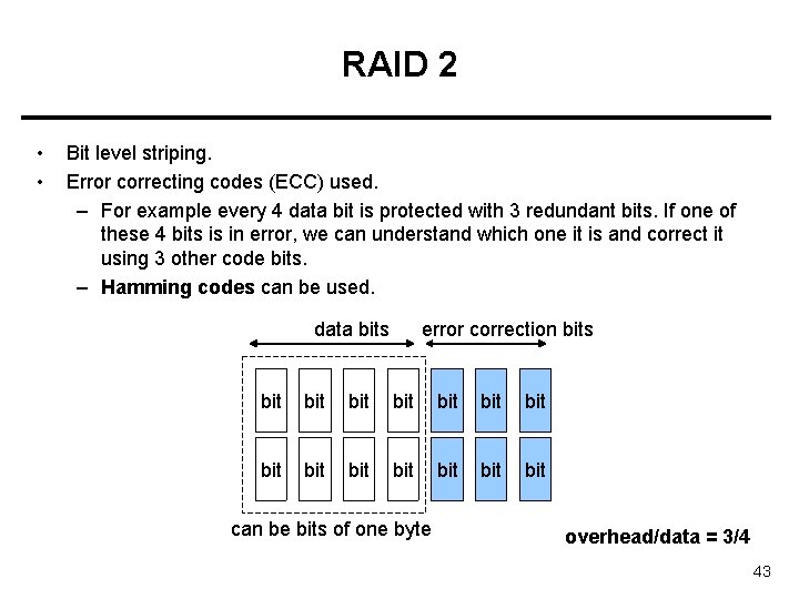 RAID 2 • • Bit level striping. Error correcting codes (ECC) used. – For
