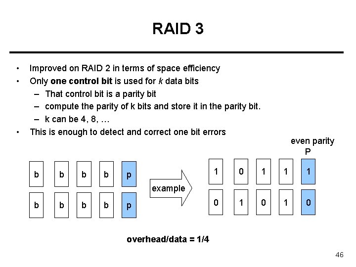 RAID 3 • • • Improved on RAID 2 in terms of space efficiency