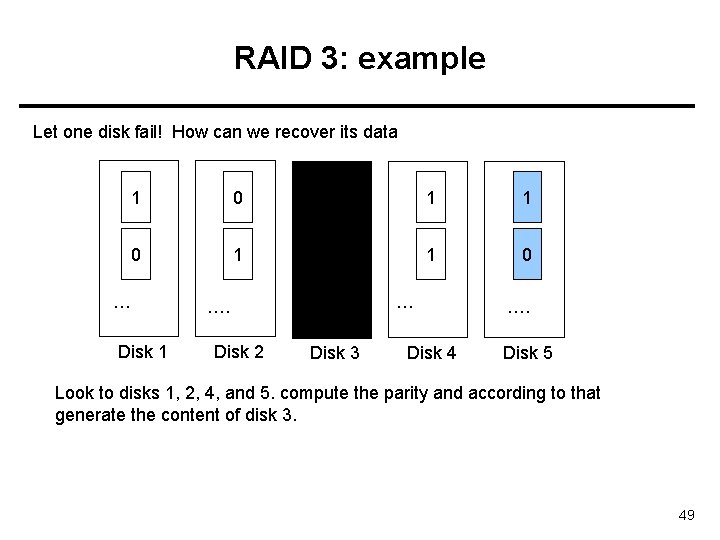 RAID 3: example Let one disk fail! How can we recover its data 1