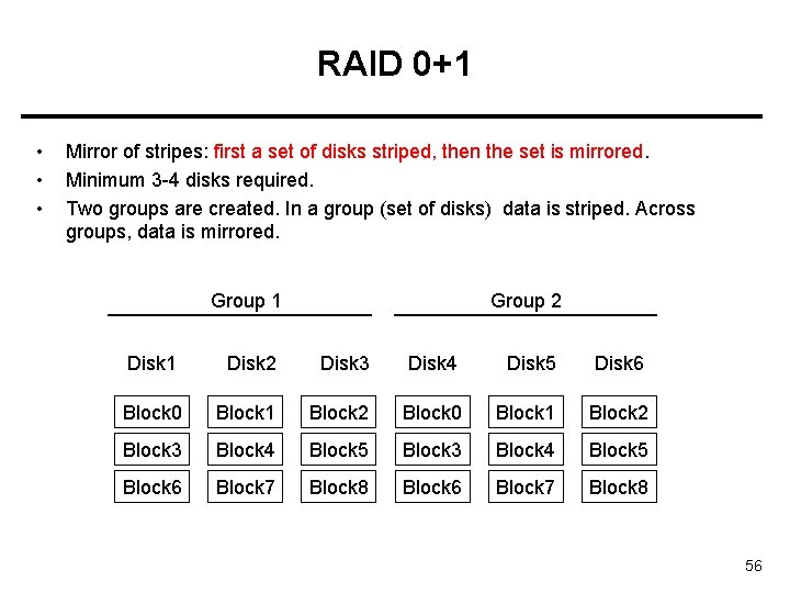 RAID 0+1 • • • Mirror of stripes: first a set of disks striped,
