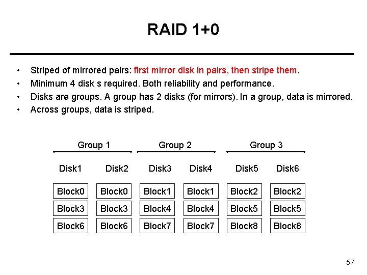 RAID 1+0 • • Striped of mirrored pairs: first mirror disk in pairs, then